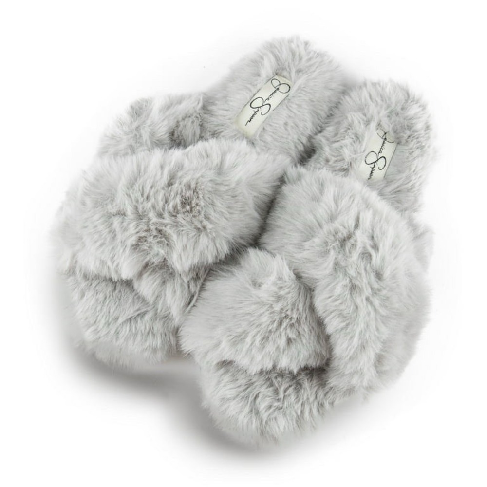 Jessica Simpson Faux Fur Cross Band Slippers Gray Memory Foam Anti-Slip 7-8 NEW